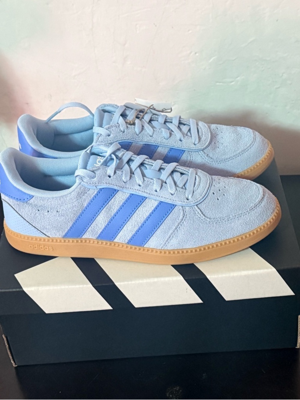 adidas Originals Light Blue Suede Sneakers with Blue Stripes and Gum Sole - Picture 13 of 13
